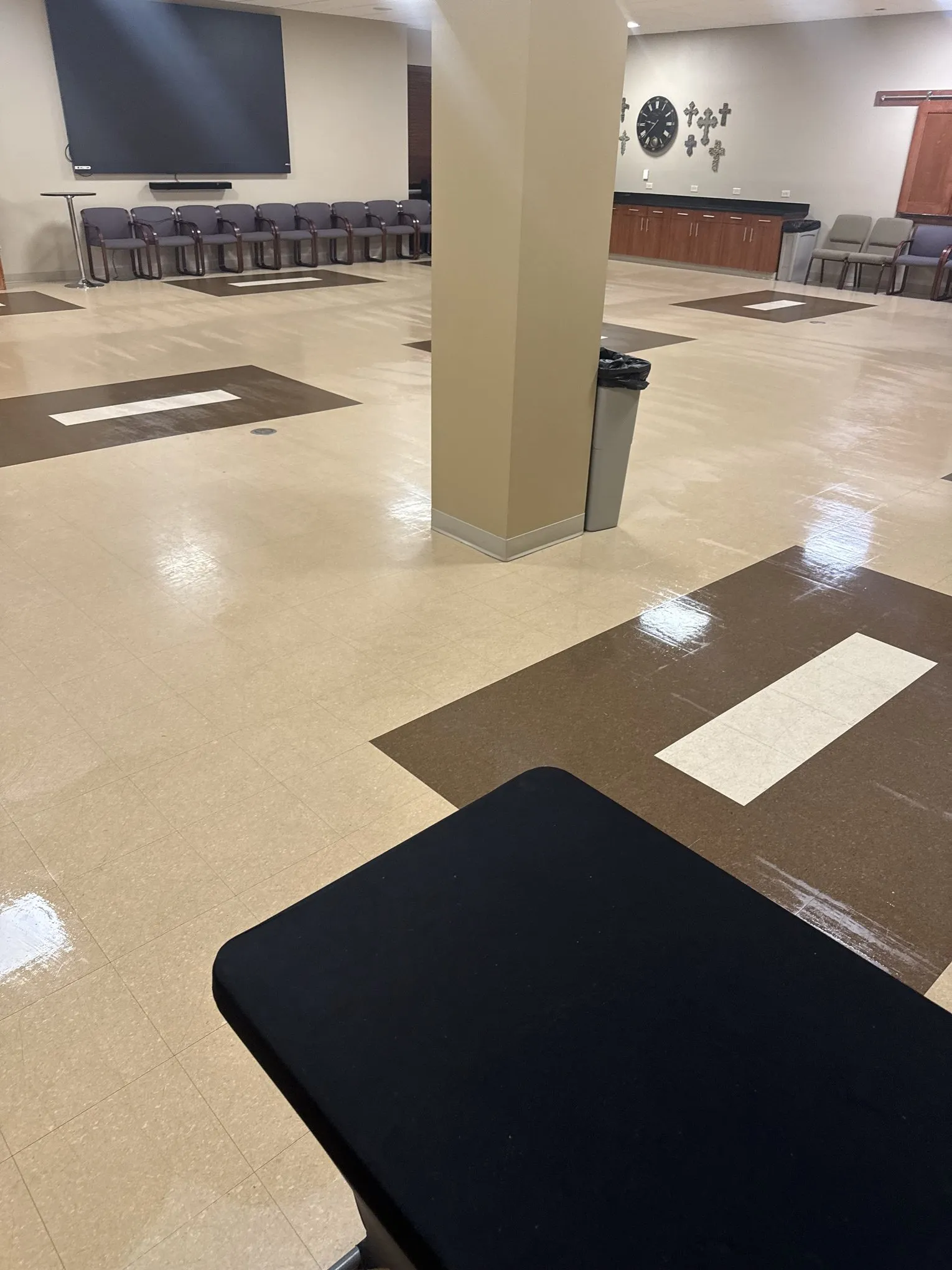 Polished VCT floor in a worship hall at Grace Methodist Church