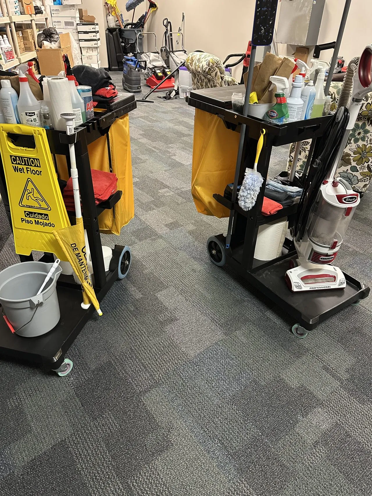 Loaded janitor cart on an office route